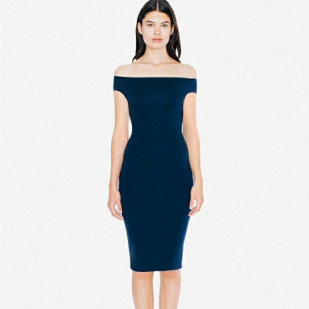 American Apparel Ponte Off-Shoulder Cross Back Dress Small Navy Blue
